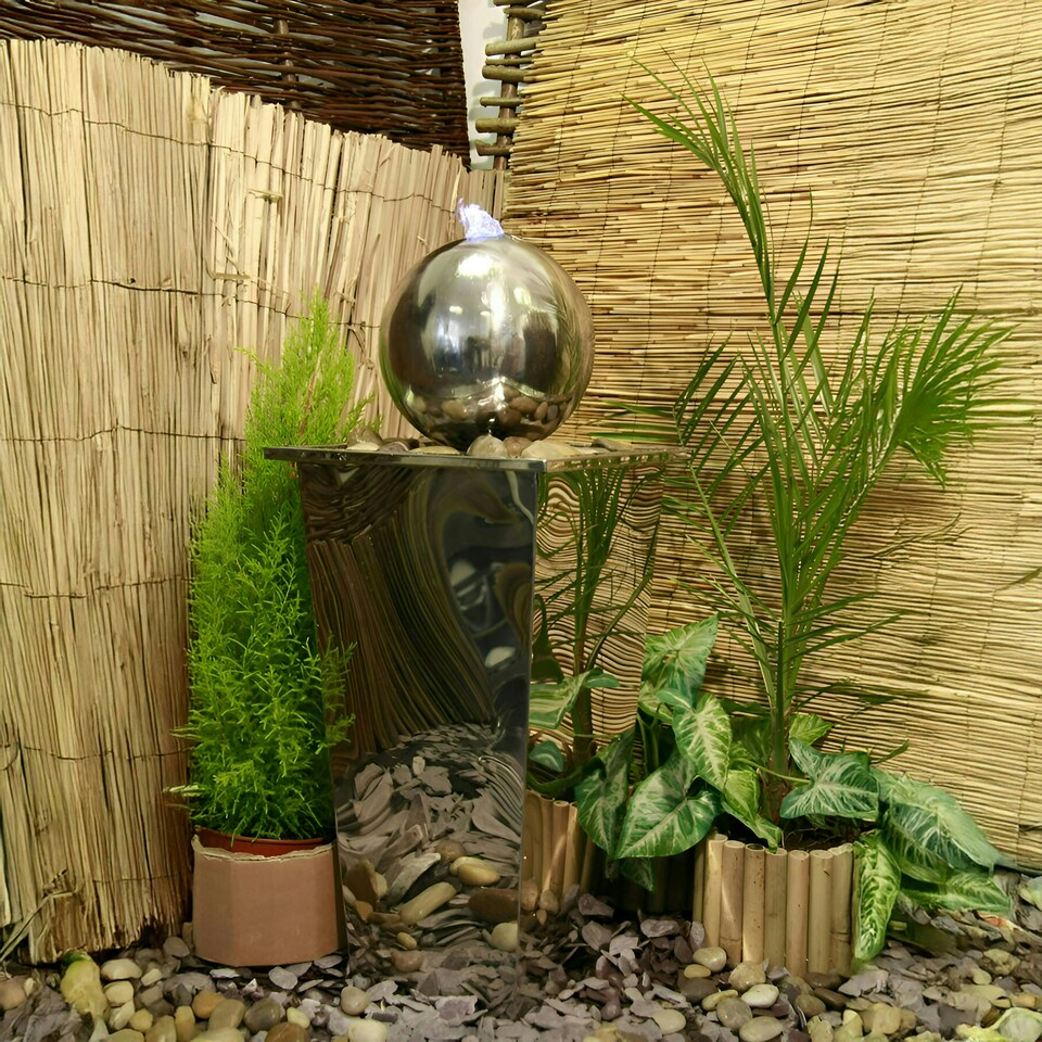 image 1 of Primrose Polished Stainless Steel Sphere Column Water Feature Cascade 83cm