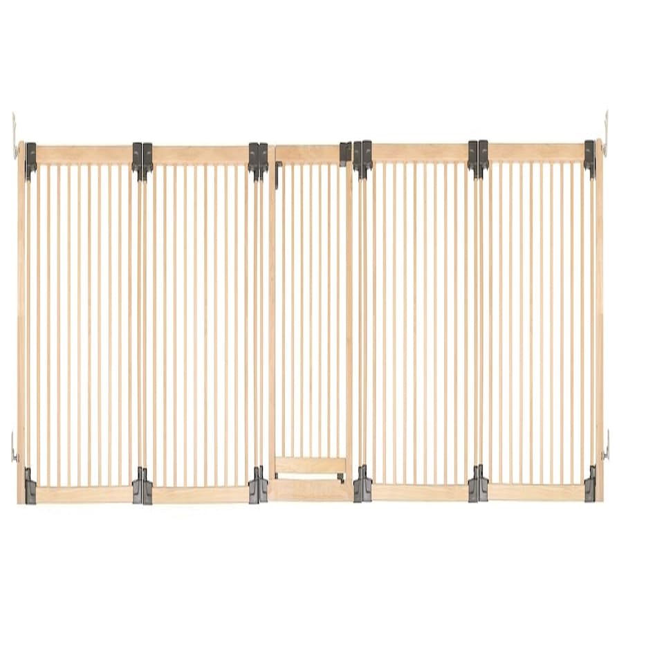 image 1 of Safetots Wooden Multi Panel Room Divider, up to 416cm, Natural Wood, 76cm Tall, Multi Panel Flexible Room Barrier, Room Divider with Door for Baby Cream | Natural