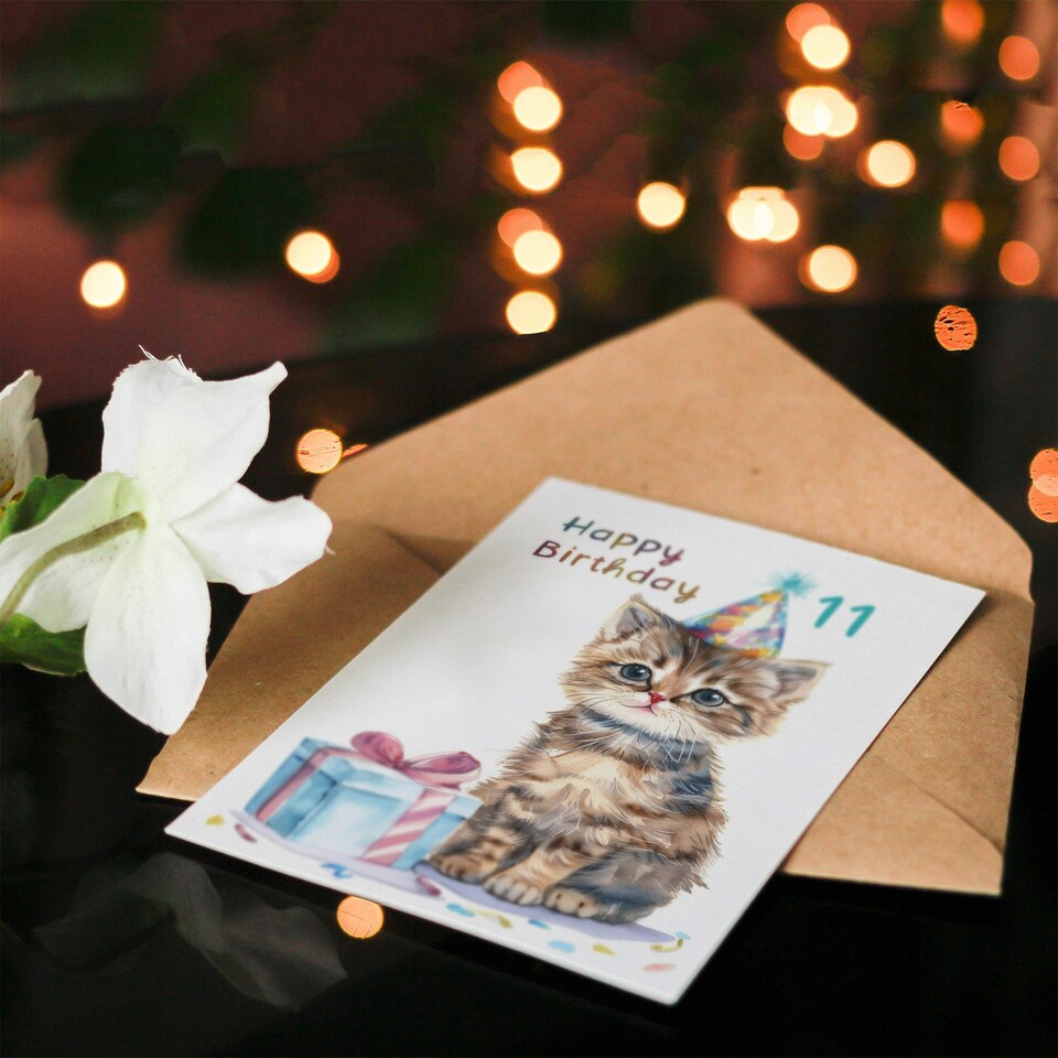 image 1 of 11th Cute Baby Cat Kitten Party Hat Kids Age 11 Year Old Child Birthday Card