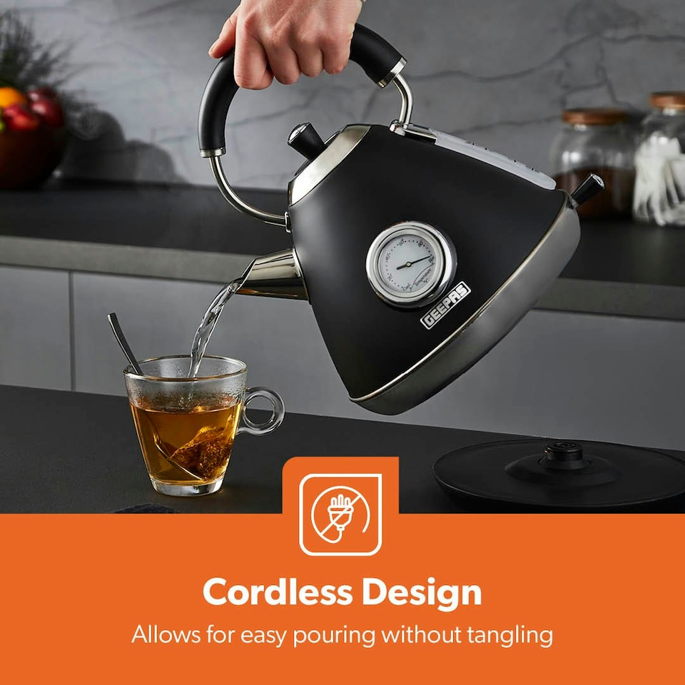 image 1 of GEEPAS Electric Kettle | Vintage Cordless Stainless Steel, 1.7L | 3000W Retrovive Black