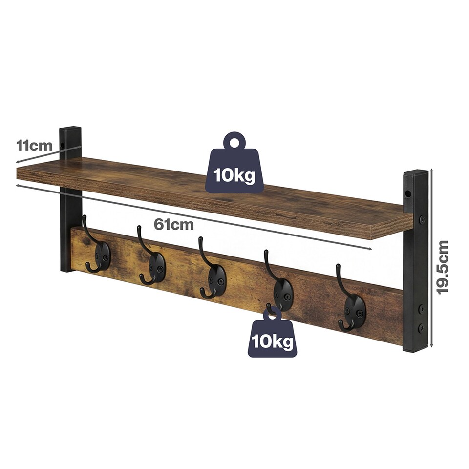 image 1 of Levede Coat Rack Wall Mounted Wooden Hooks Hangers Storage Shelf 2 Pack Brown