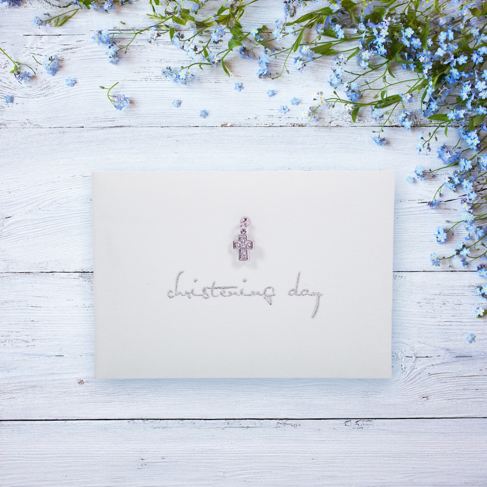 image 1 of Beautiful White Satin Fabric Christening Photo Album with Silver Metal Cross