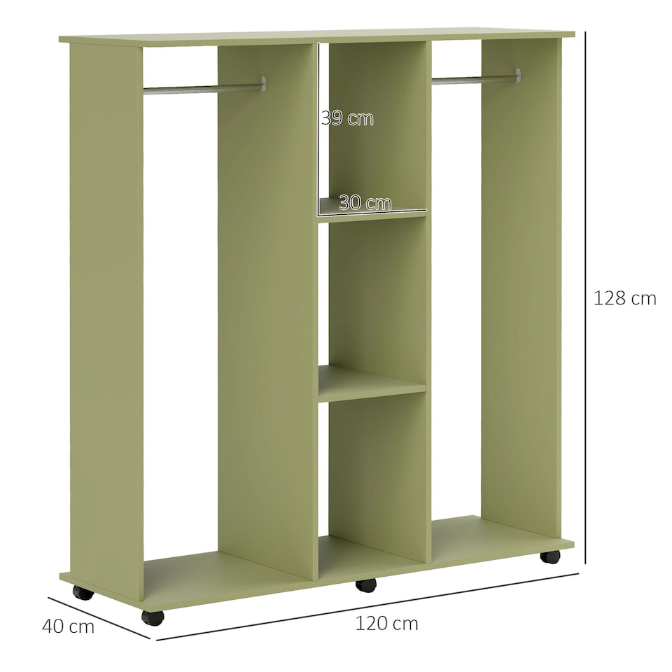 image 1 of HOMCOM Double Open Wardrobe on Wheels, Bedroom Wardrobe with Clothes Hanging Rails, 3 Storage Shelves, Mobile Garment Rack for Cloakroom, Hallway, Green | Green