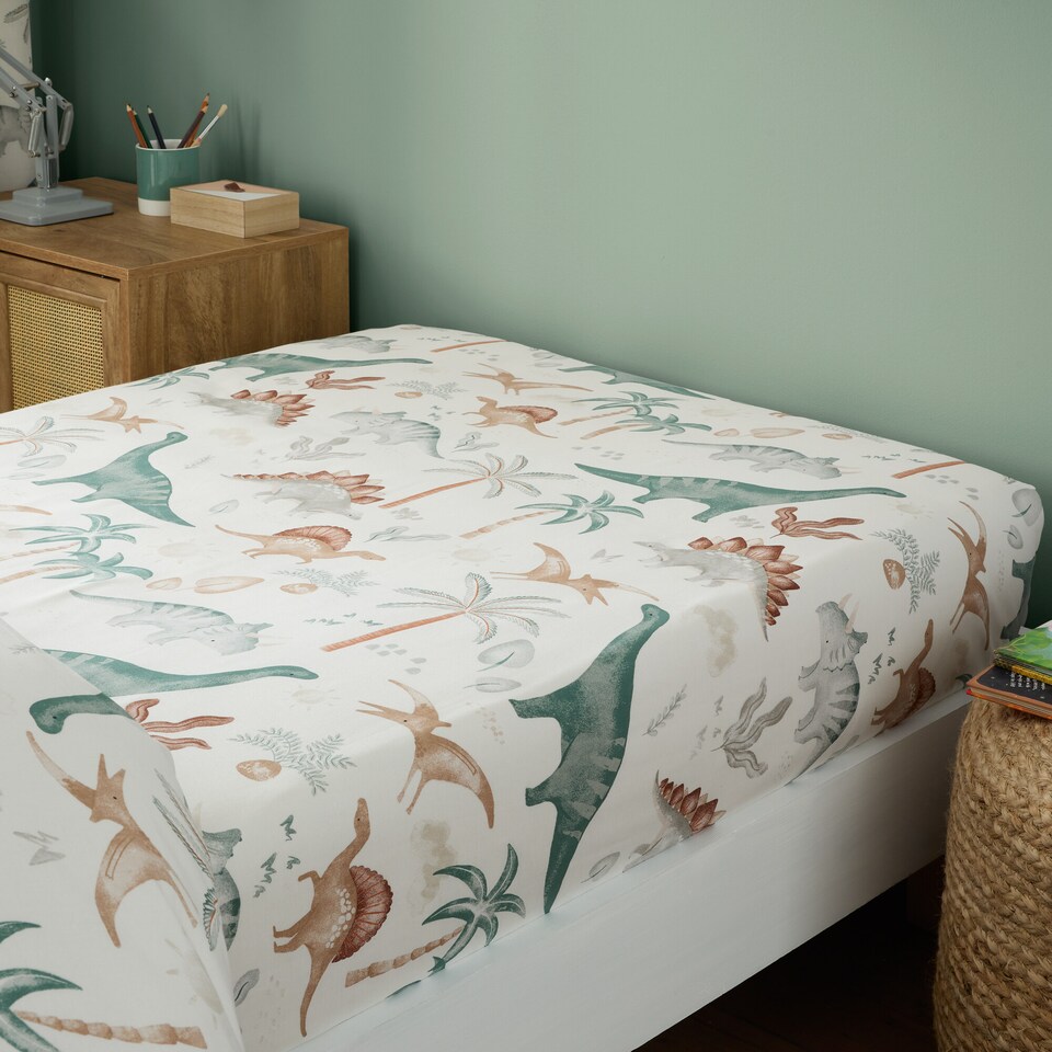 image 1 of Happy Linen Company Scandi Saurus Dinosaurs Fitted Sheet Bedsheet Bedding Bed Linen | White | Cot Bed