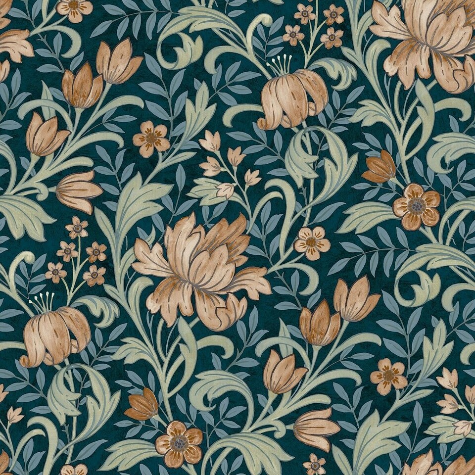 image 1 of Grandeco Marian Floral Wallpaper - Navy/Terracotta - One Size | Blue