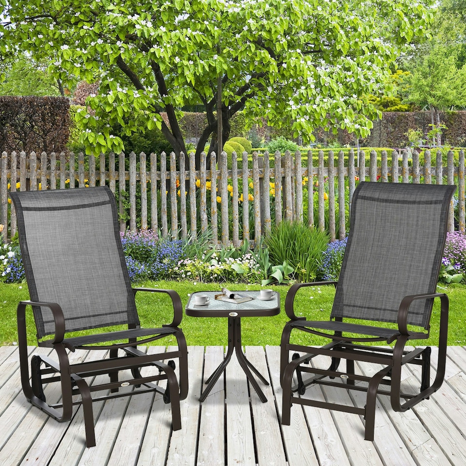 image 1 of Outsunny 3 Pcs Rocking Chair Gliding Chair Set w/ Table for Patio Garden Brown