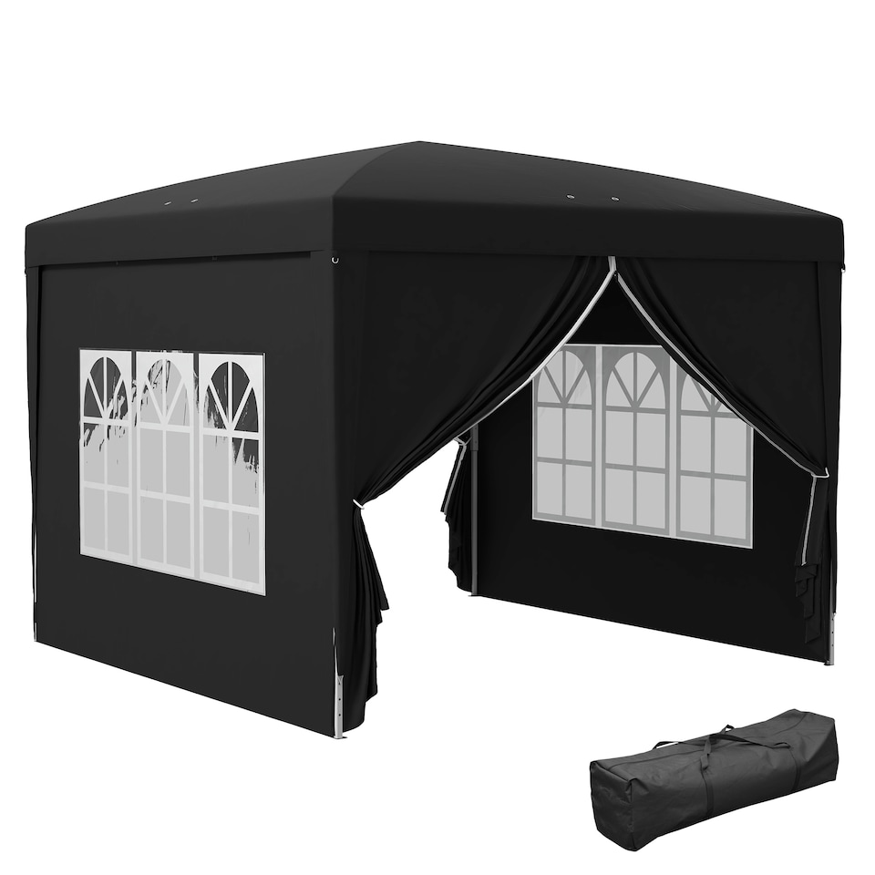 image 1 of Outsunny 3 x 3 m Garden Pop Up Gazebo, Wedding Party Tent Marquee, Water Resistant Awning Canopy with Sidewalls, Windows, Carry Bag | Black | Black