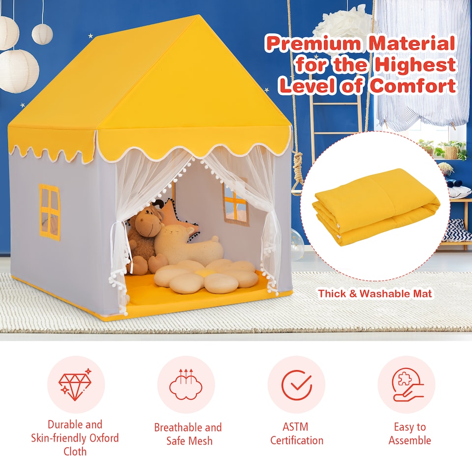 image 1 of COSTWAY Kids Play Tent Indoor Playhouse with Padded Mat-Yellow
