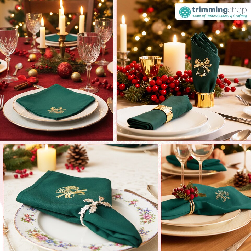 image 1 of 1pc Christmas Table Napkin Set with Festive Jingle Bell Embroidery - 20 Inch