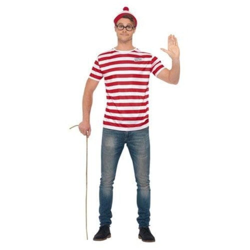 image 1 of Where's Wally? Unisex Fancy Dress Costume Accessories Kit with Large T-Shirt