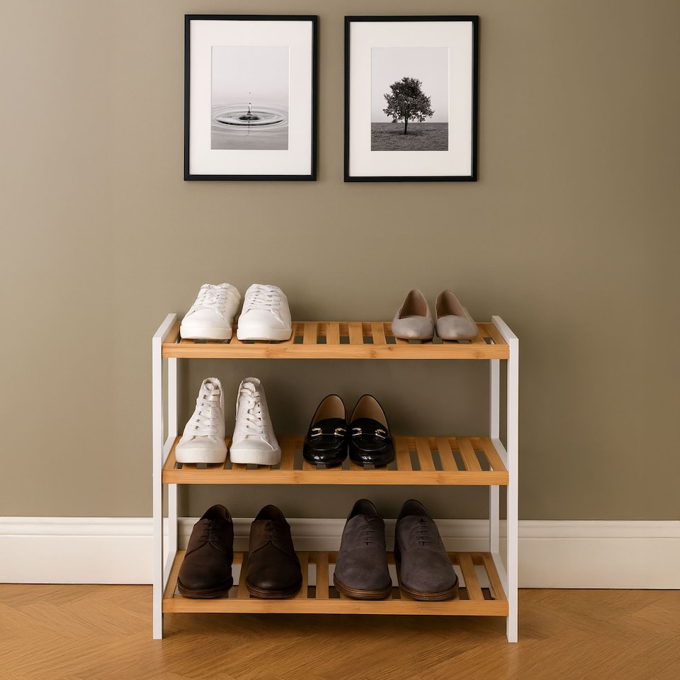 image 1 of Neo White/Natural 3-Tier Bamboo Shoe Rack Stand Natural Wooden Shoe Storage Shelf for Hallway Bedroom Bathroom | White | White/Natural