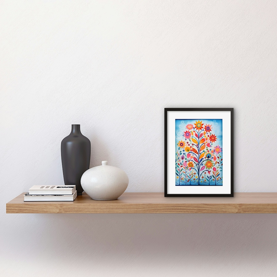 image 1 of Blooming Flowering Plant Pattern Folk Art Watercolour 9x7" Black Framed Wall Art Print