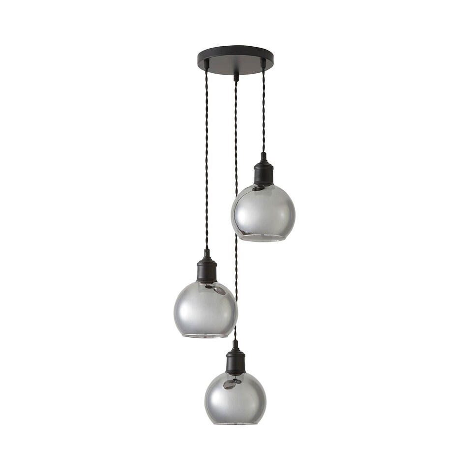 image 1 of ValueLights Bellamy Smoked Glass 3 Drop Cluster Black Pendant Light & Bulbs | Black