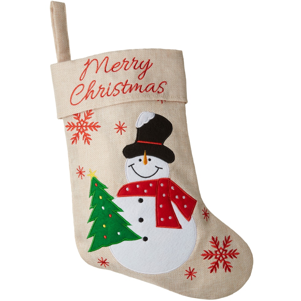 Christmas Stocking - with snowman graphic, hanging loop and large capacity