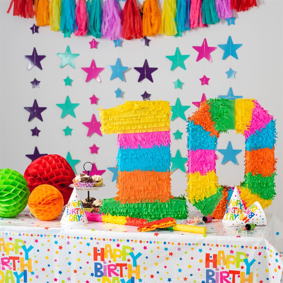 image 1 of Fax Potato Fax Potato Pinata Set with Stick & Blindfold - 100th Birthday / Anniversary - Rainbow
