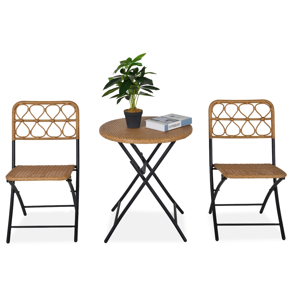 image 1 of Outsunny 3 Pieces Rattan Bistro Set, Wicker Folding Garden Furniture Set with Coffee Table and Chairs for Outdoor, Patio, Balcony, Natural