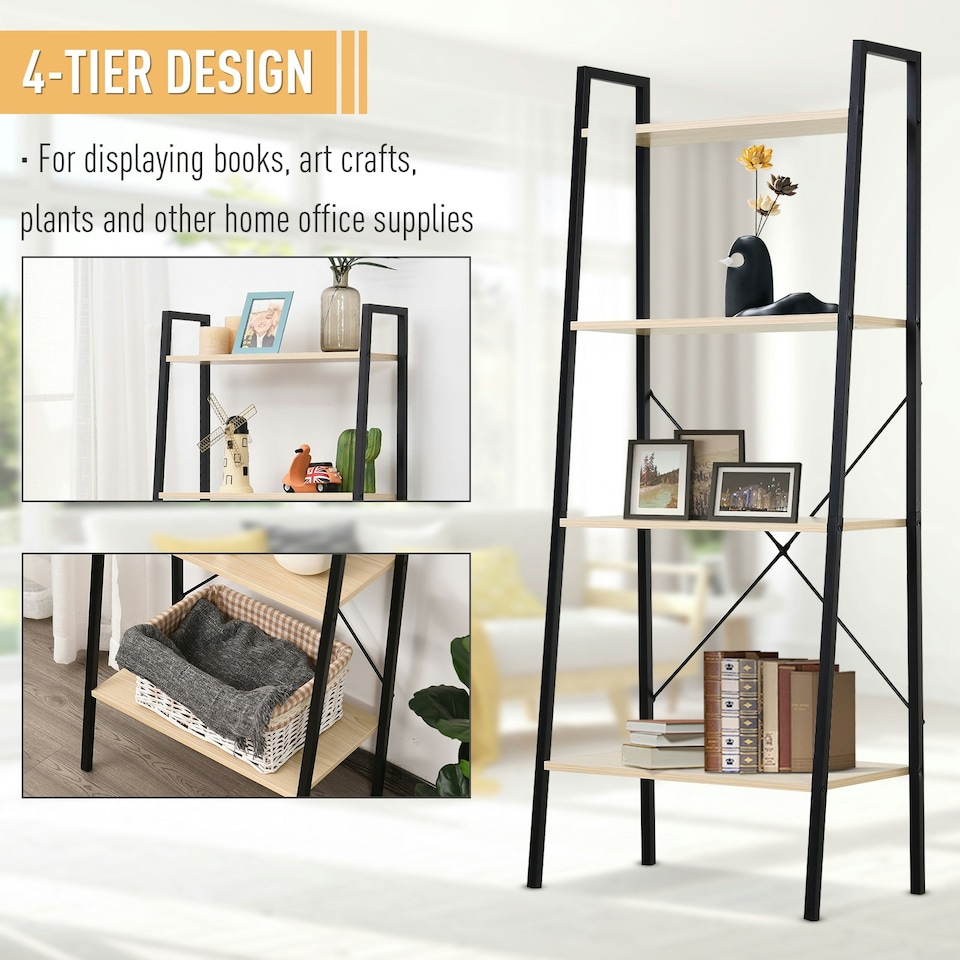 image 1 of HOMCOM 4-Tier Minimalistic Ladder Shelf Unit Steel Frame Display Storage Oak