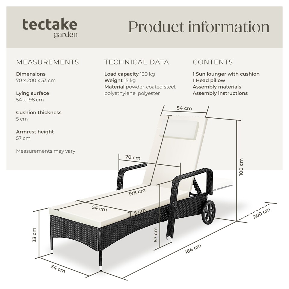 image 1 of Sun Lounger - 6-position backrest, weather and UV-resistant, soft pillow, two wheels | Black | black/beige | 1