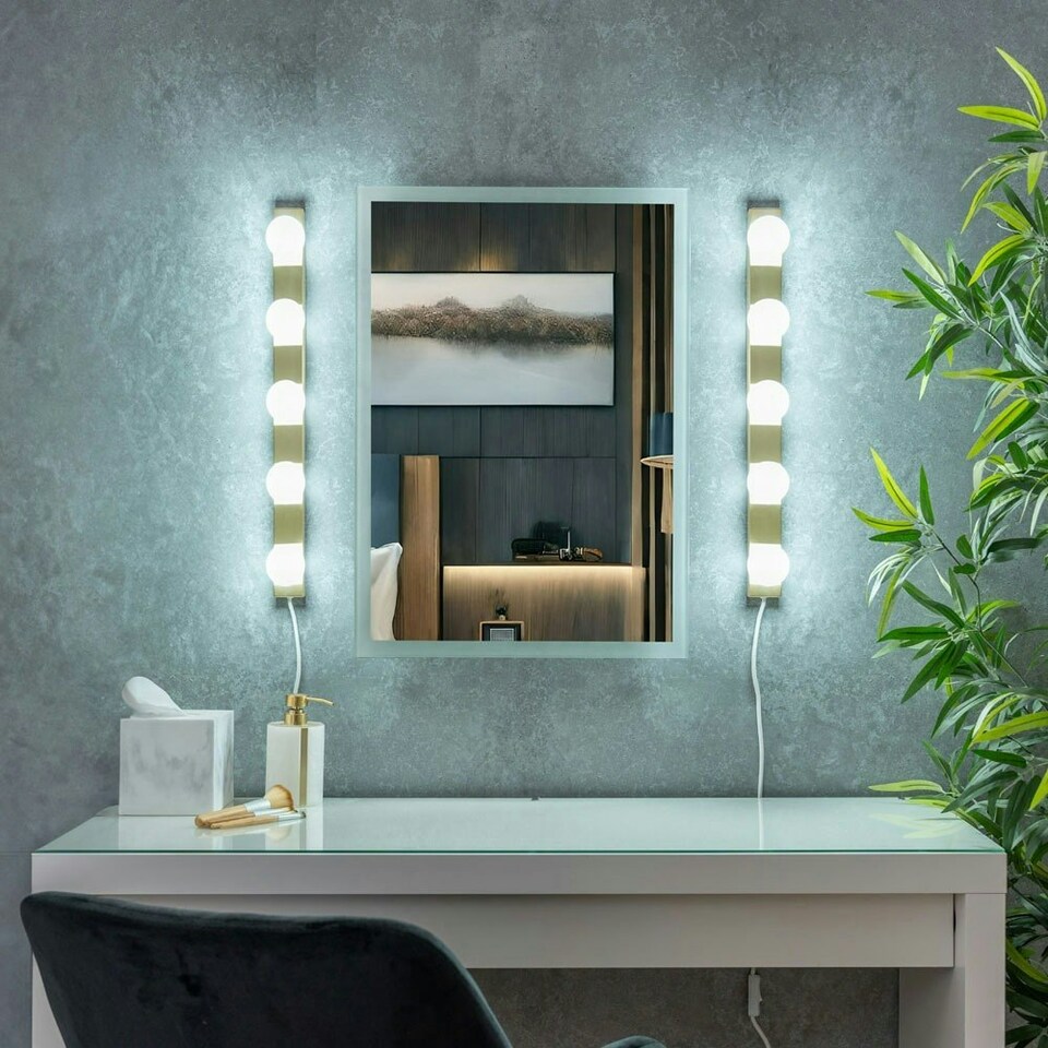 image 1 of ValueLights Plug in Brushed Gold Hollywood Make Up Dressing Table Vanity Wall Light Glass Globe Lamp Shade - Bulbs Included