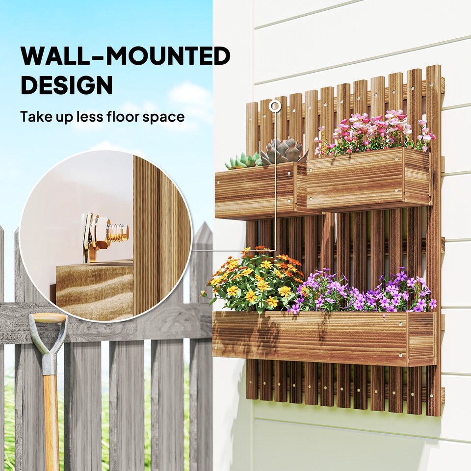 image 1 of Outsunny Wooden Garden Planters with Trellis Wall-mounted Raised Garden Bed