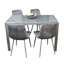 Dining Table and 4 Grey Velvet Chairs Grey Glass Table 4 Velvet Chairs Dining Room Furniture | Grey | 5