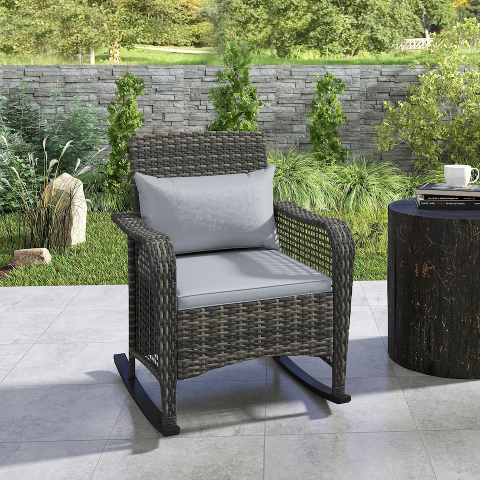 image 1 of Outsunny Rattan Garden Rocking Chair with Seat and Back Cushions Grey | Light Grey