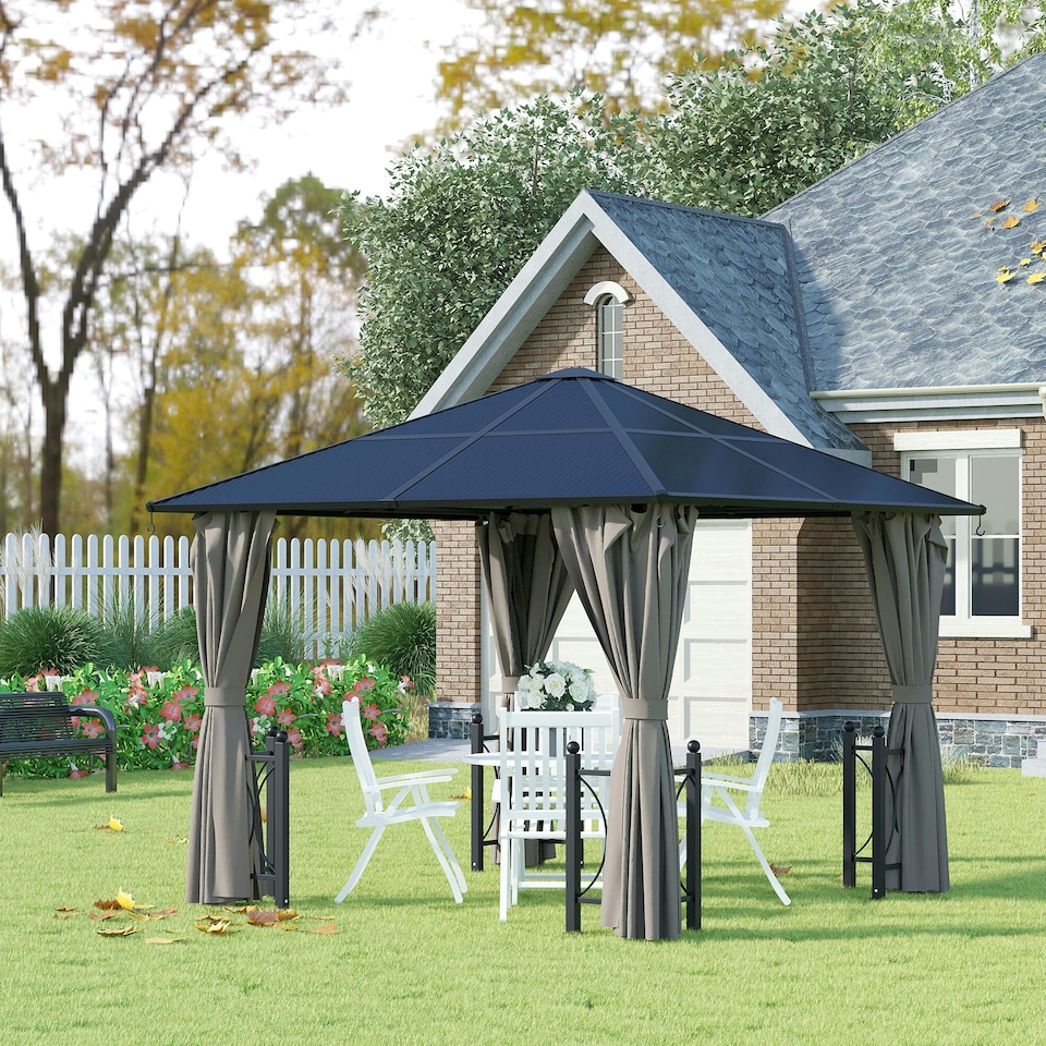 image 1 of Outsunny 3x3(m) Hardtop Gazebo with Polycarbonate Roof, Netting and Curtains