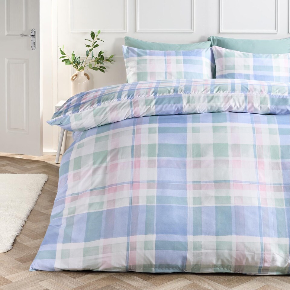 image 1 of OHS Watercolour Check Reversible Microfibre Duvet Cover Bedding Set | Blue | Double