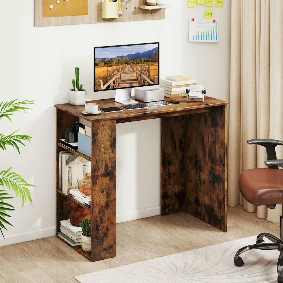 image 1 of COSTWAY Computer Desk Wooden Writing Desk w/Bookshelf Brown