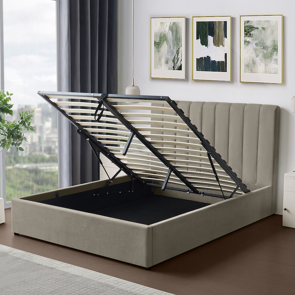 image 1 of Evelynne Fabric 135cm Double Ottoman Bed Frame with Storage - Light Brown