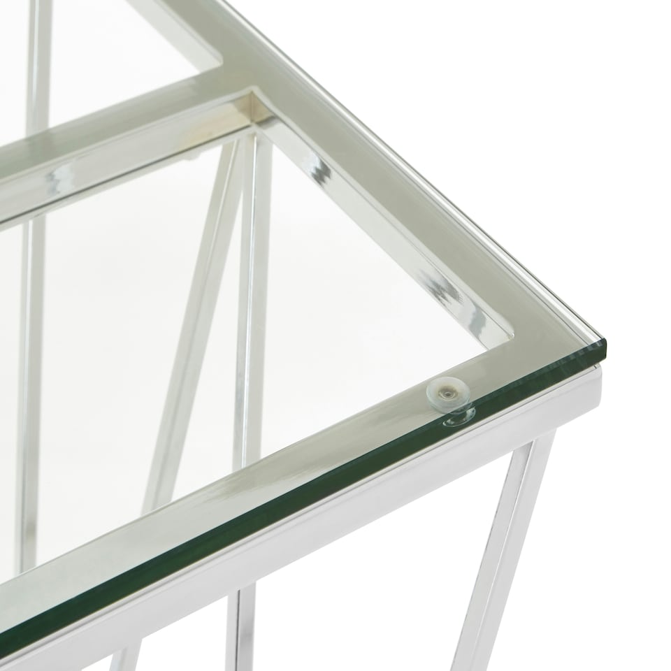 image 1 of Chrome End Table with Triangular Base,Clear Tempered Glass Top Settee Side Table,Metal Design Side Table