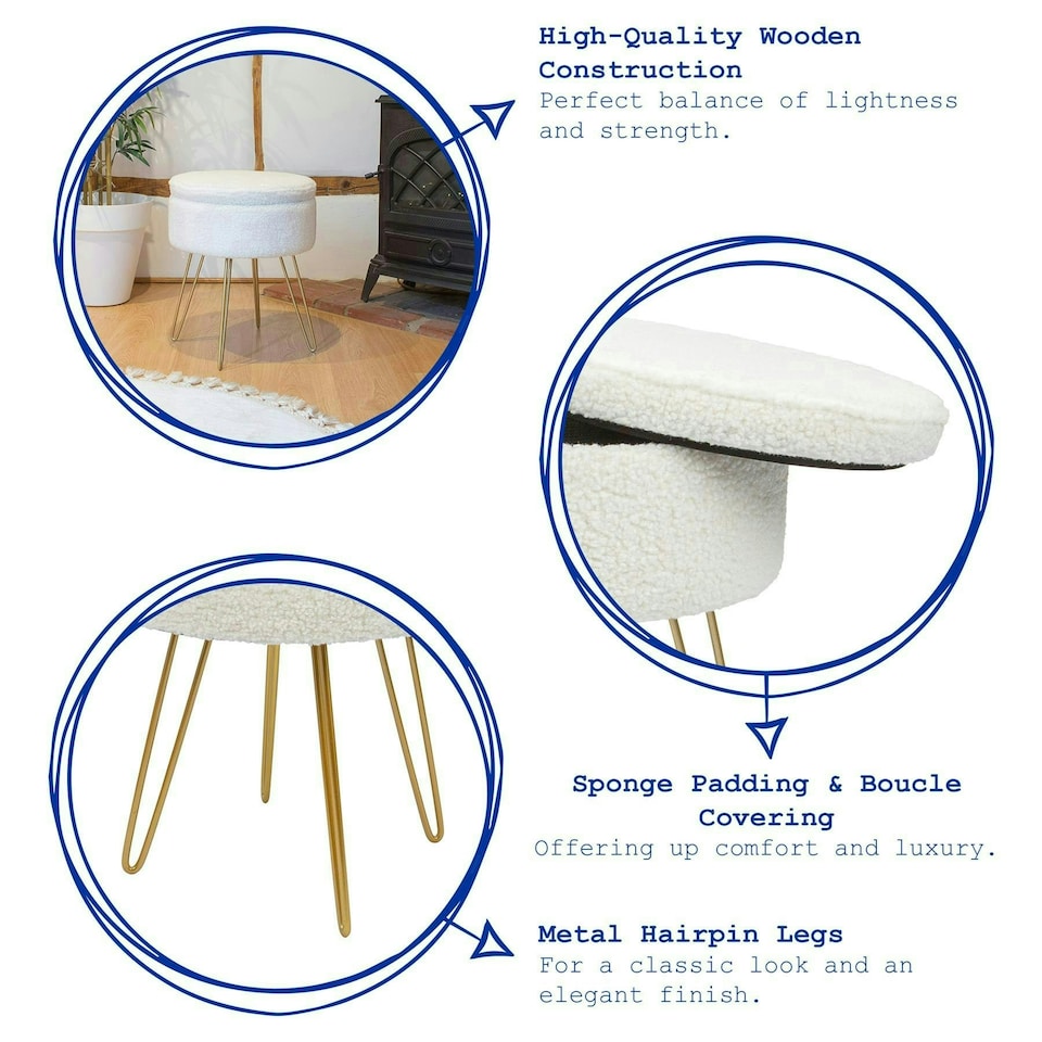 image 1 of Harbour Housewares Cream Boucle Storage Footstool Round Ottoman With Gold Base H46 x D37cm Warm Storage Neutral Statement Yellow
