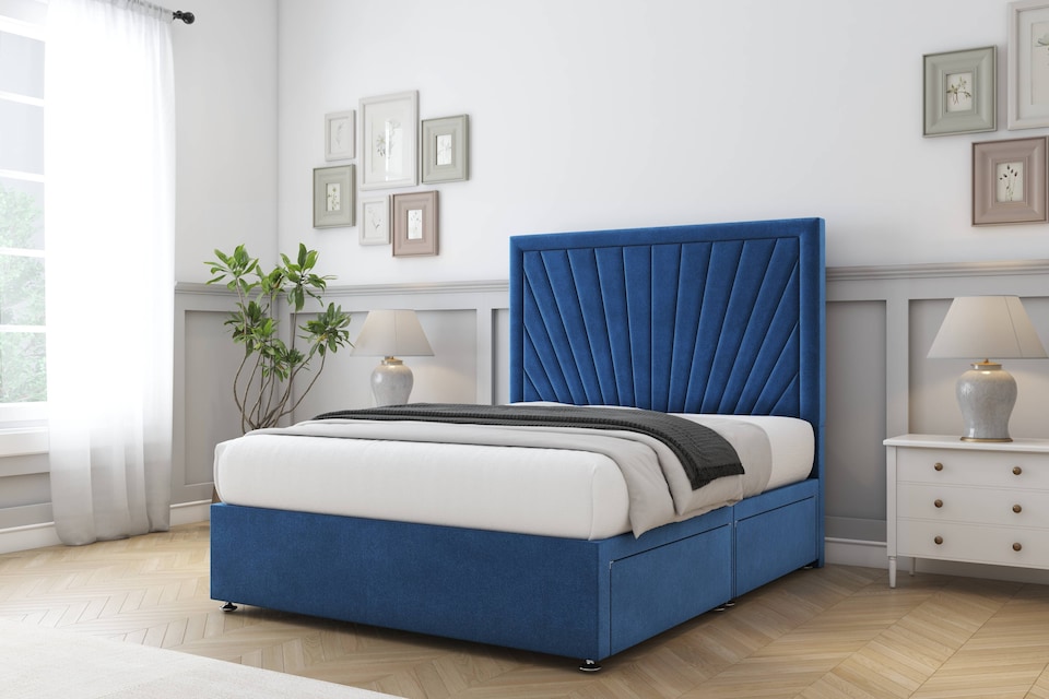 image 1 of Sloomy Somerset Navy Plush Divan Bed With Mattress 4 Drawers With 54" Floor Standing Headboard 4' Small Double | Blue | Navy | Small Double | 1
