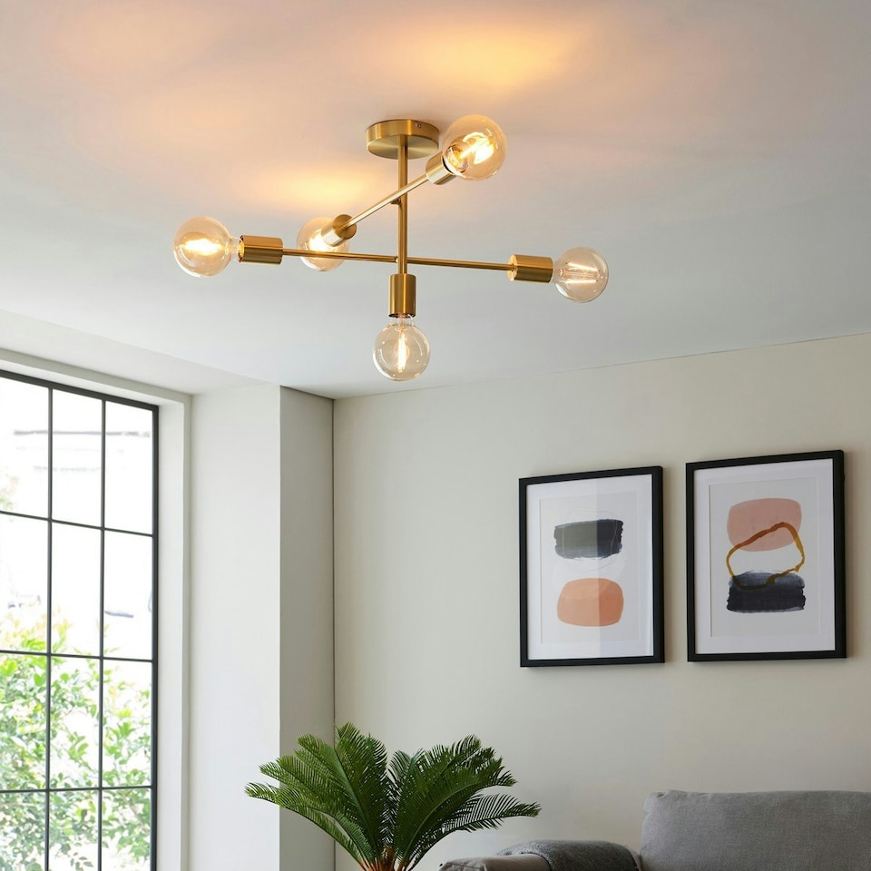 image 1 of Studio Multi Arm Lamp Semi Flush Ceiling Lamp, Satin Brass Plate