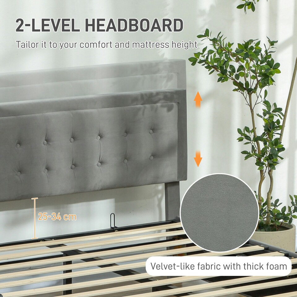 image 1 of HOMCOM Double Bed Frame with Storage and Adjustable Velvet Headboard, Grey