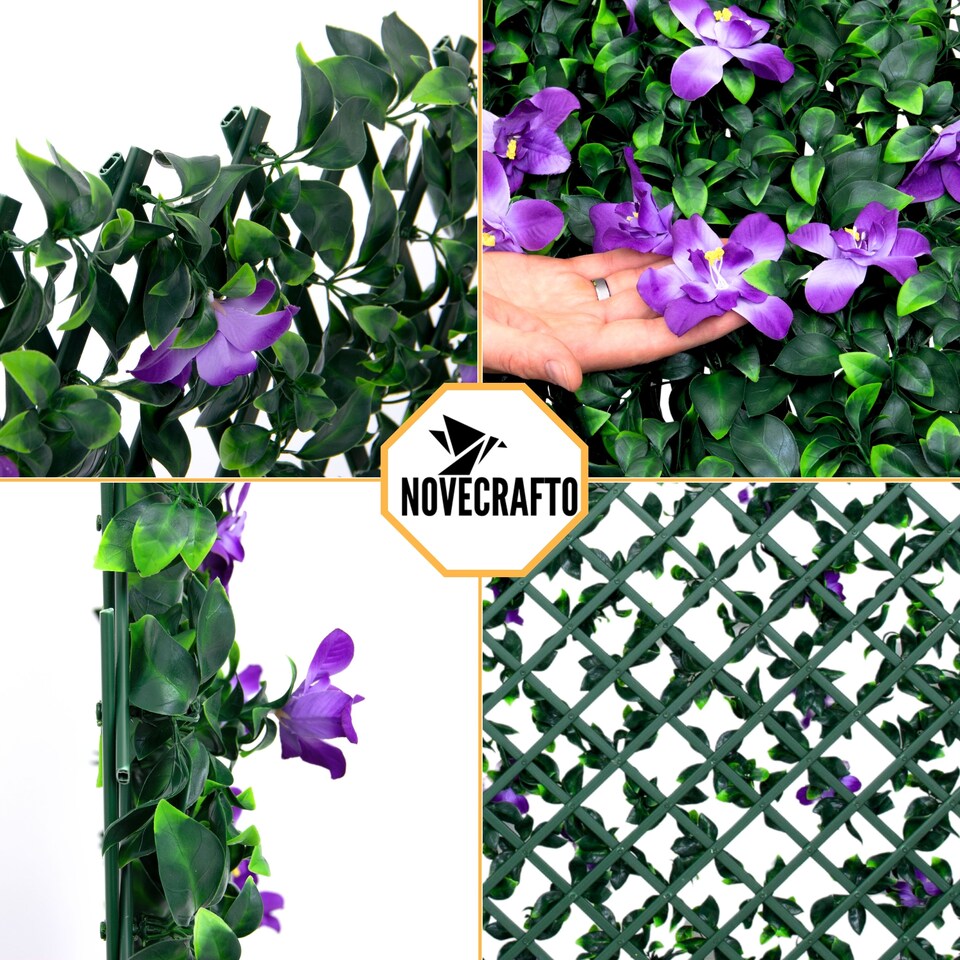 image 1 of Expanding Trellis With Artificial Leaves and Flowers - Ficus Leaf Garden Hedge Balcony Privacy Screening Panel | Green | Green & Purple | M | 1