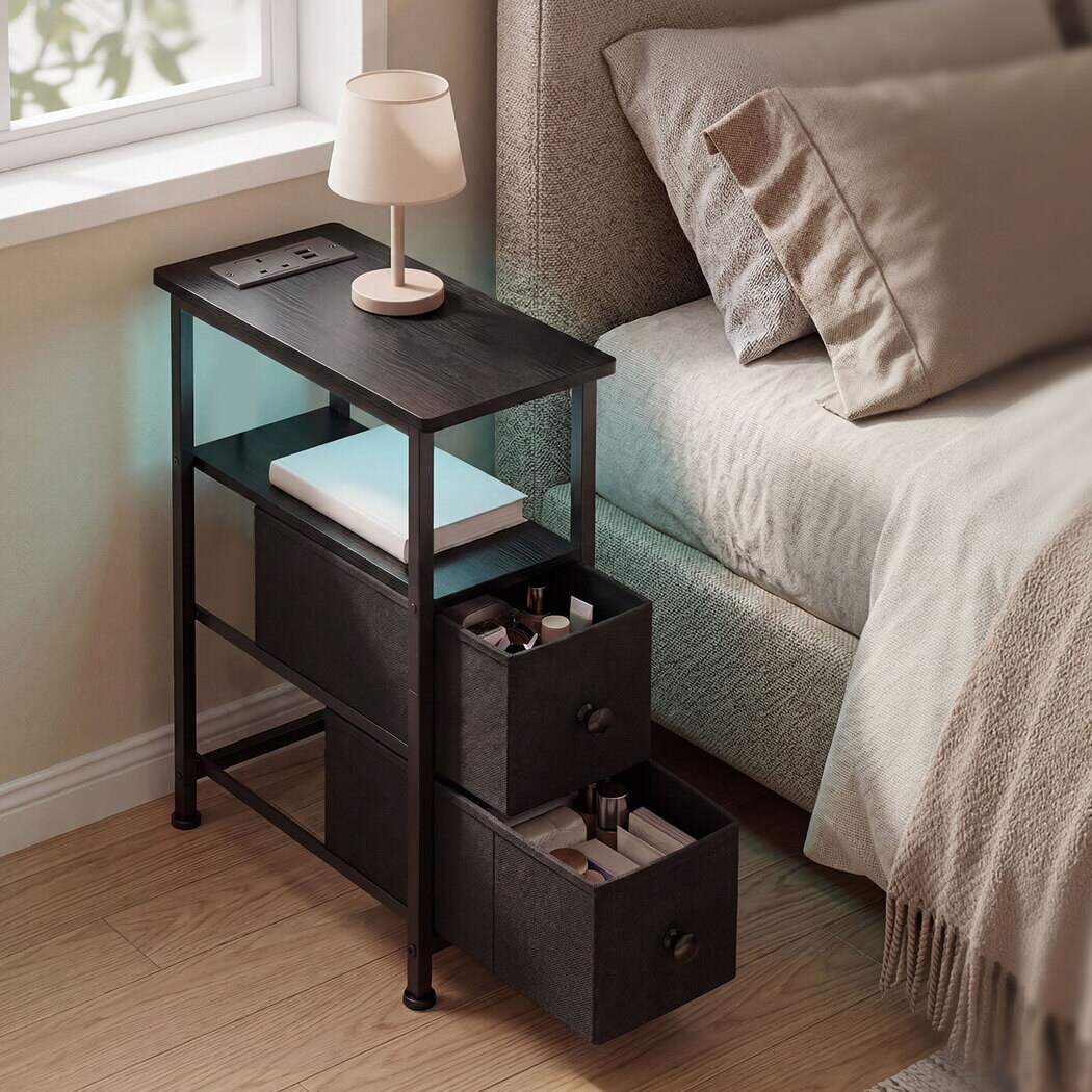 Levede Bedside Table Narrow Side Table with LED Charging Station Storage Black