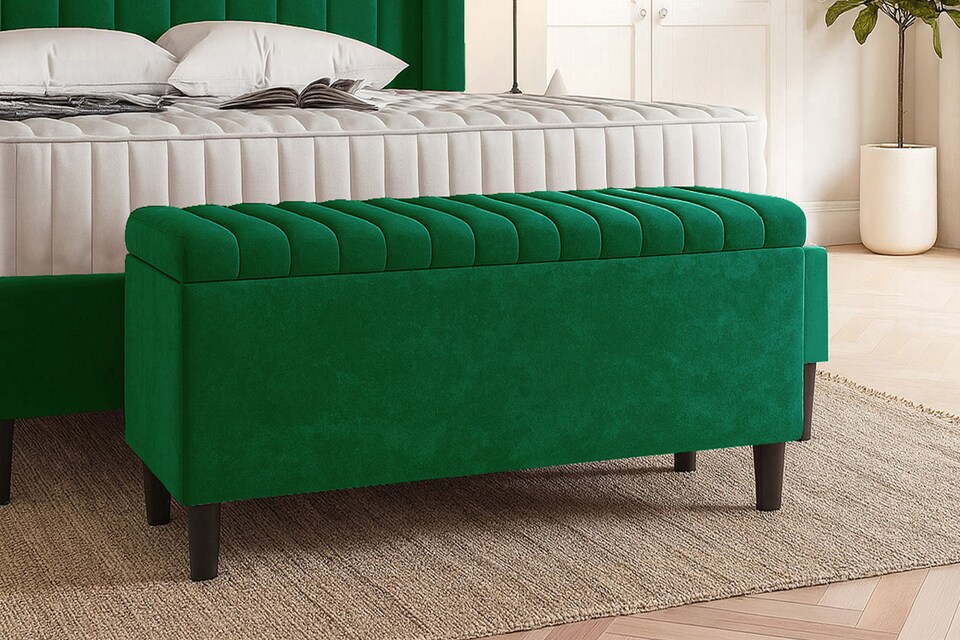 image 1 of 120cm Lined Upholstered Ottoman Storage box - Forest Green Plush Velvet Blanket Storage Box with Wooden Legs