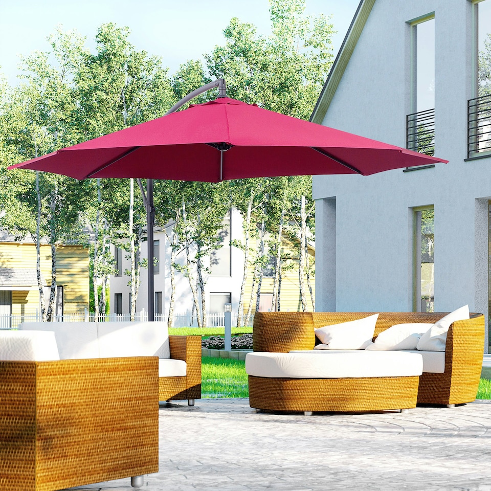 image 1 of Outsunny 3(m) Garden Banana Parasol Cantilever Umbrella, Wine Red