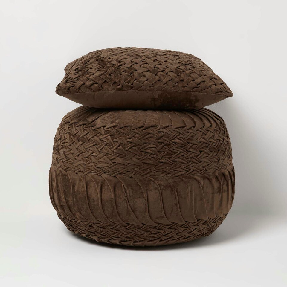 image 1 of Homescapes Sofia Pleated Brown Velvet Cushion - 45 x 45 cm Brown
