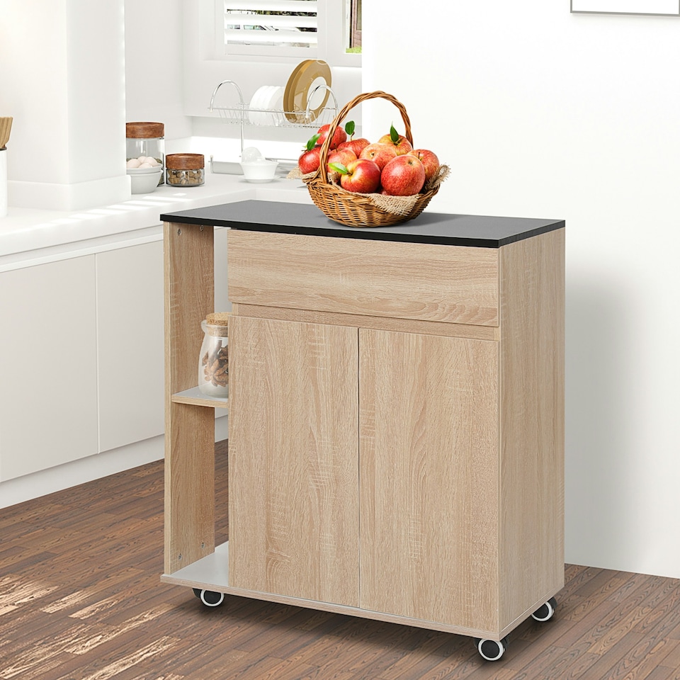 image 1 of HOMCOM Kitchen Storage Trolley Cart Cupboard Rolling Island Shelves Locking