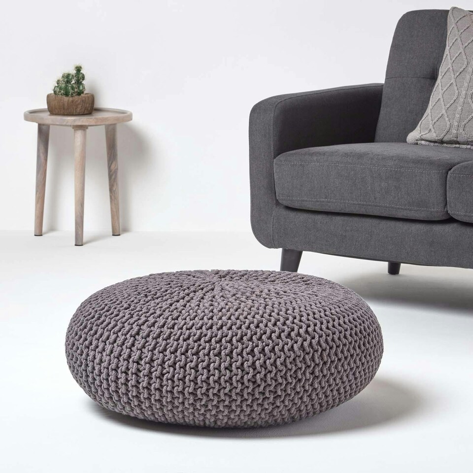 image 1 of Homescapes Dark Grey Large Round Cotton Knitted Pouffe Footstool | Grey | 70 x 23 cm