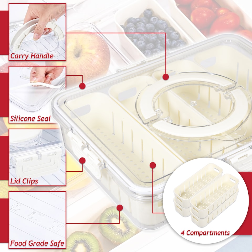 image 1 of SPARES2GO Food Storage Container with Securing Clips Lid and 4 Removable Divider Compartments (Large)