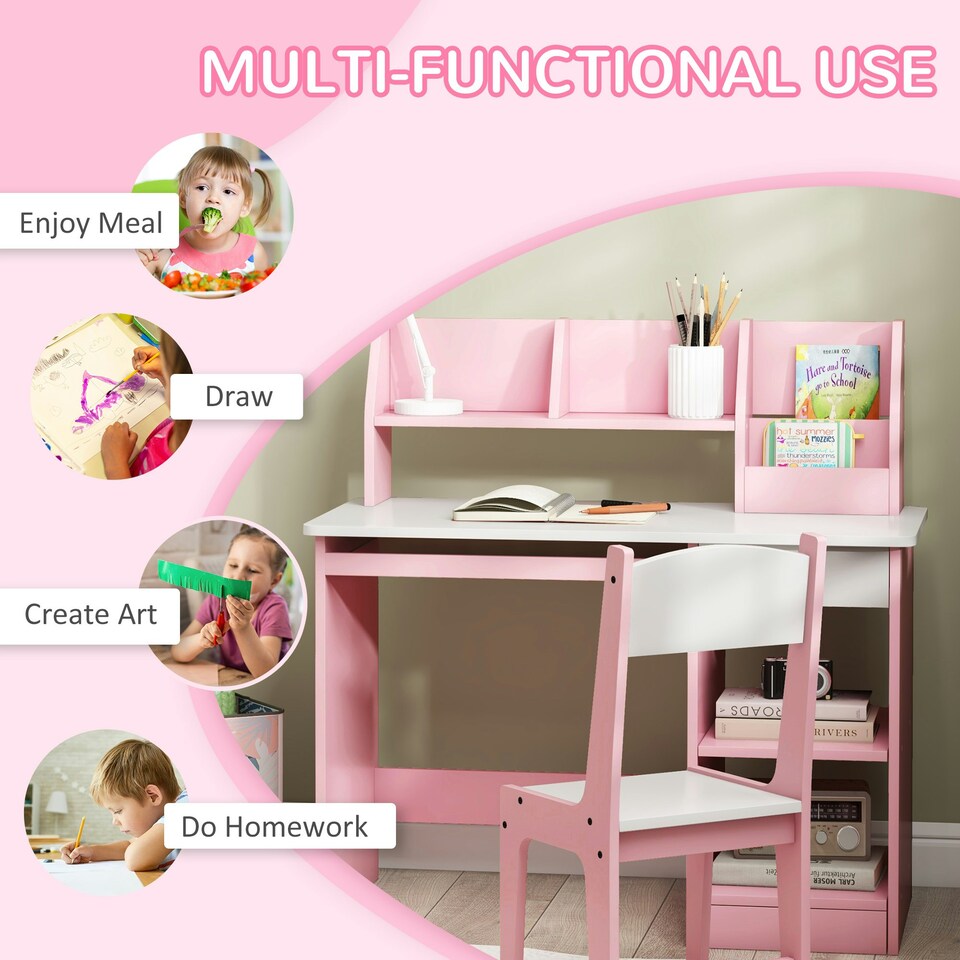 image 1 of ZONEKIZ Kids Desk and Chair Set with Storage for 5-8 Years Pink