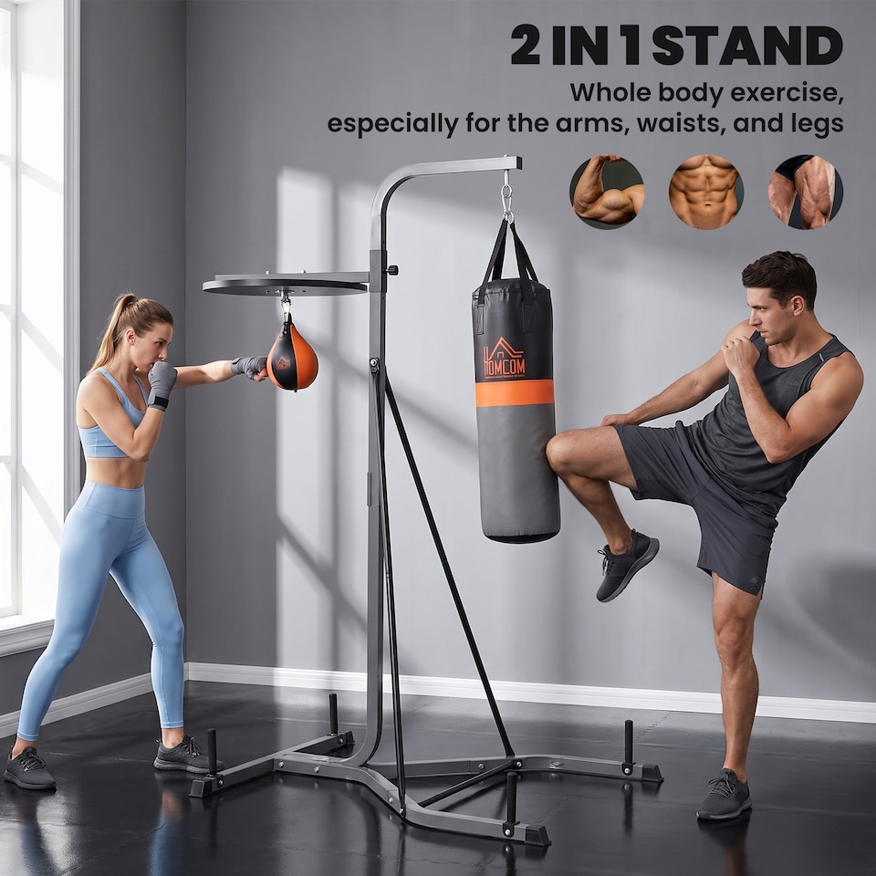 image 1 of HOMCOM Punchbag & Speedball Boxing Station w/ Freestanding Frame, Grey