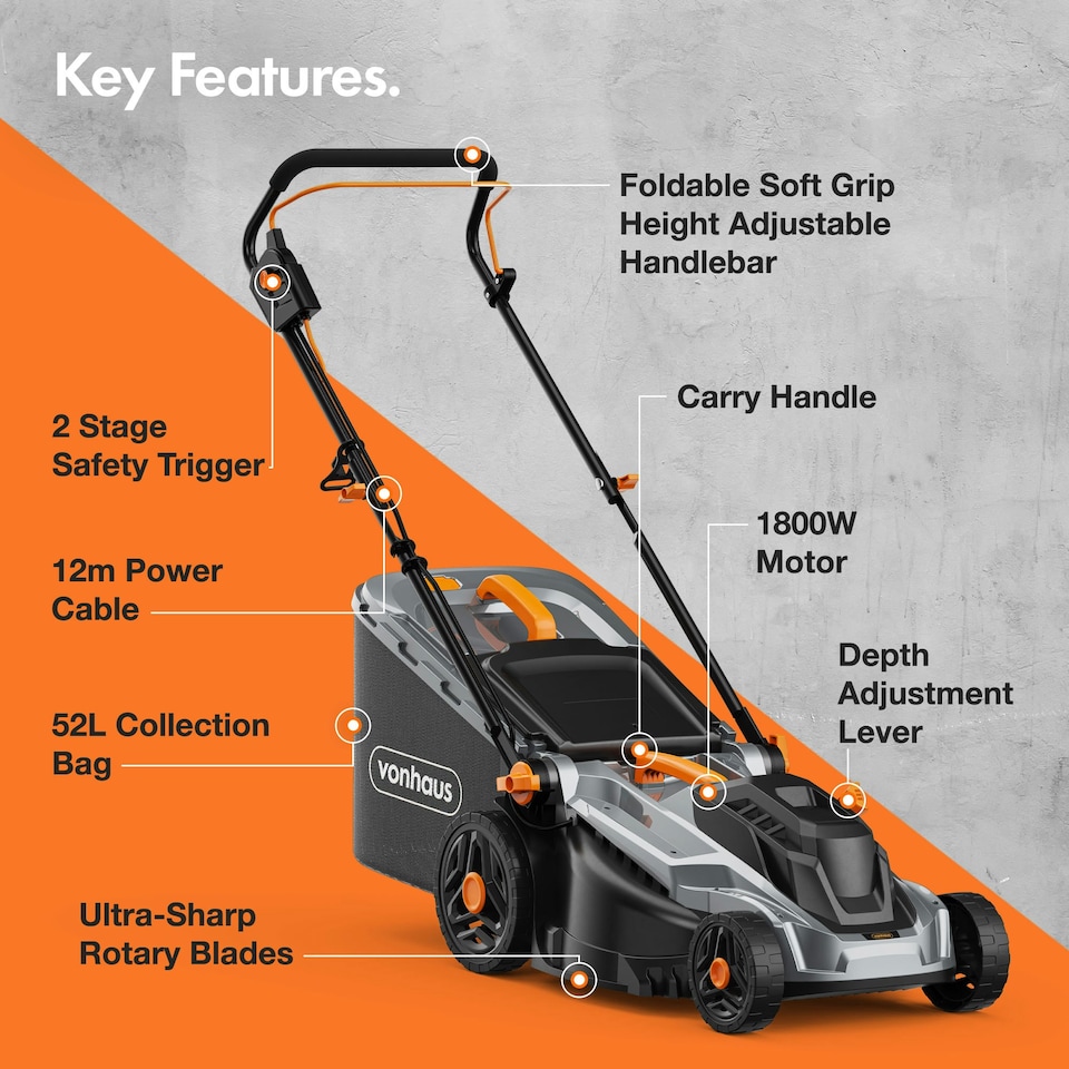 image 1 of VonHaus Lawnmower 1800W with 52L Collection Bag