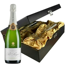Pol Roger Brut Reserve Champagne and Flutes in Wooden Hinged Presentation Box 75cl 12.5% abv