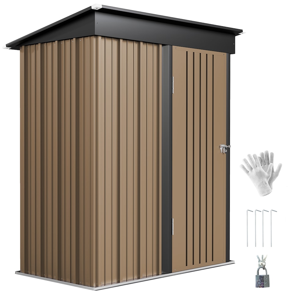 image 1 of Outsunny 5x3ft Garden Shed, Steel Small Shed, Outdoor Leanto Shed with Adjustable Shelf, Lock and Gloves for Patio, Garden, Brown with Foundation Kit | Brown | 1