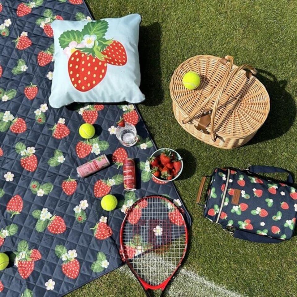 image 1 of Summerhouse by Navigate Strawberries & Cream Premium Quilted Extra Large 200x140cm Family Picnic Rug | Blue