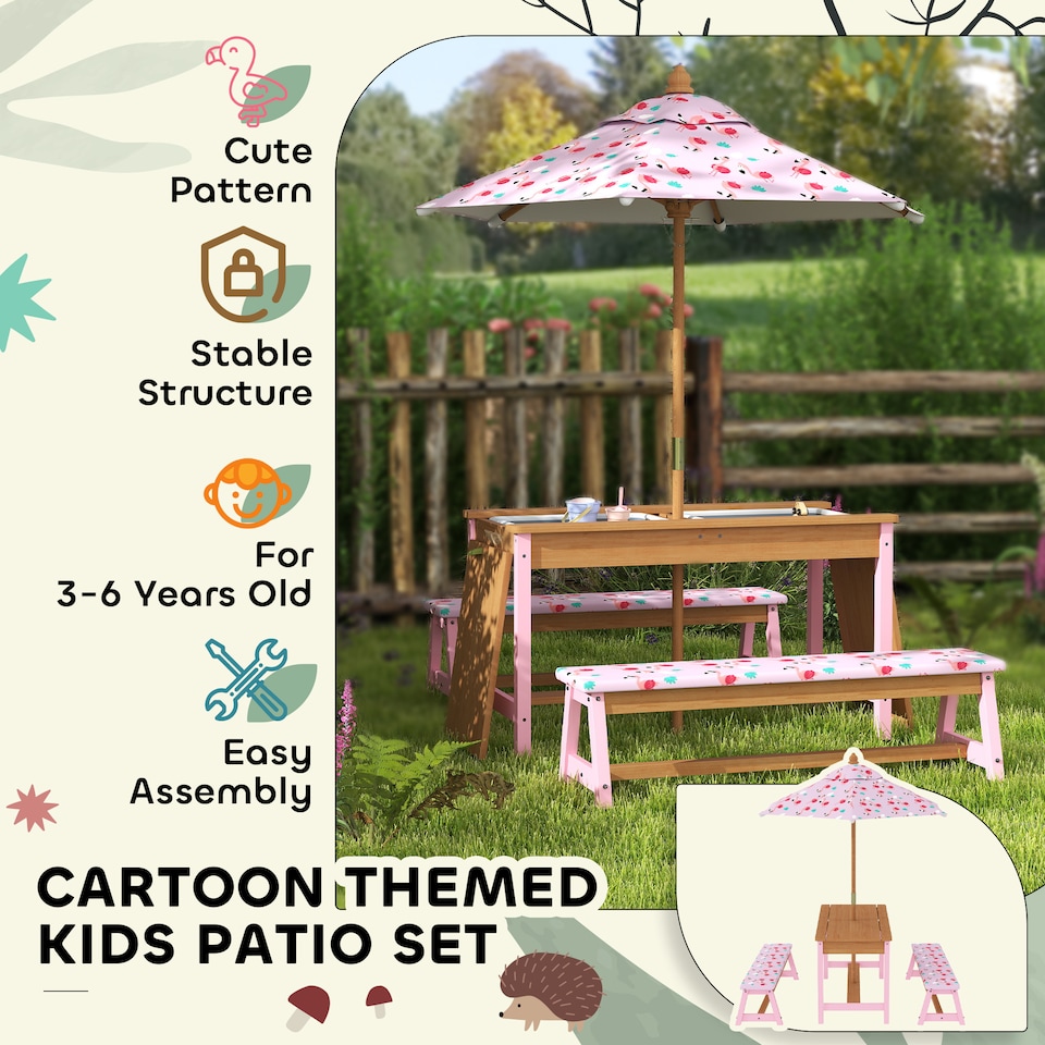 image 1 of AIYAPLAY Kids Picnic Table, Wooden Children Garden Table and Bench Set, Pink | Pink